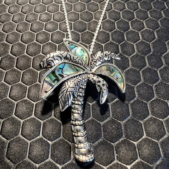 Venice By The Sea Jewelry Jewelry - Palm Tree Necklace and Earring Set Green Abalone Stones 18K White Gold Plated